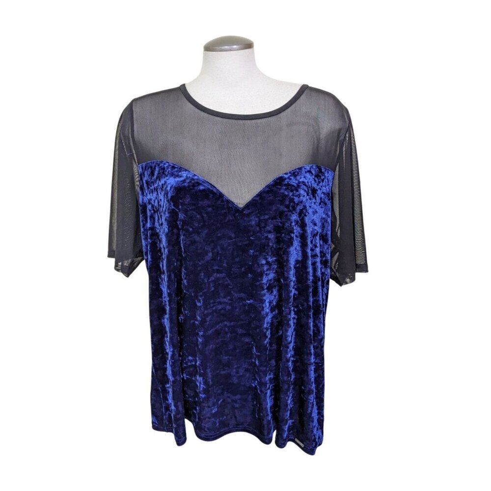 Tess Holliday Womens Plus 2X Top Black Blue Illusion Neck Velvet Party Going Out